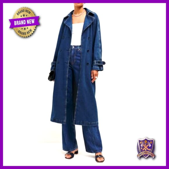 Denim Trench Coat Double Breasted Midi Overcoat Classic Lapel Long Jacket With - Picture 5 of 7